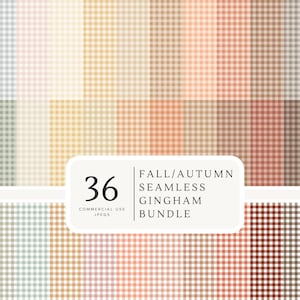 Op de afbeelding: Een digitale collectie van 36 naadloze gingham-patronen in diverse herfstkleuren, waaronder gedempte groen-, oranje-, bruin- en crèmetinten. Een wit rechthoekig label bevat de tekst 36 FALL/AUTUMN SEAMLESS GINGHAM BUNDLE.