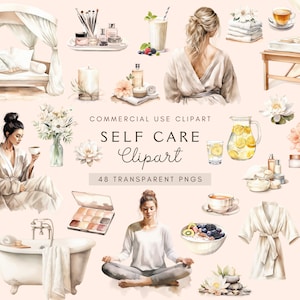 Clipart journée au spa | Clipart Soins personnels | Aquarelle | Agenda Girl | Lot de journaux indésirables | Prendre soin de soi png | Amour de soi | Thérapie | Beauté