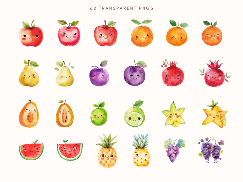 May include: A set of 62 watercolor illustrations of various fruits with cute faces. The fruits include apples, pears, plums, pomegranates, papayas, limes, starfruit, watermelons, pineapples, and grapes.