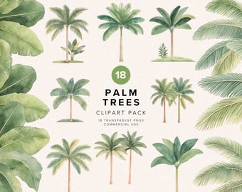 Palm Tree Watercolor Clipart Bundle | Boho Clip Art | Summer Beach Graphic | Holiday | Tropical Island PNG | Scrapbooking | Digital Download