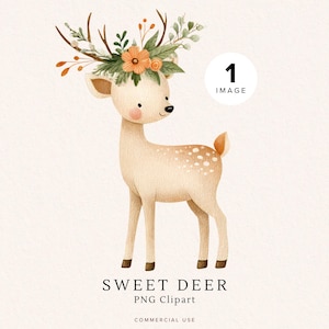 Clipart de ciervo bebé y flores / Animal del bosque en acuarela / Decoración infantil / Lindo cervatillo PNG para baby shower, uso comercial, descarga digital