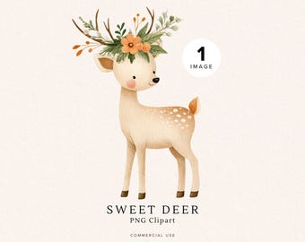 Baby Deer and Flowers Clipart | Watercolor Woodland Animal | Nursery Decor | Cute Fawn PNG for Baby Shower, Commercial Use, Digital Download
