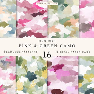 May include: A digital paper pack featuring sixteen 12 x 12 inch seamless patterns with pink and green camouflage designs. The patterns have a watercolor effect with various shades of pink, green, and other colors. The text "PINK & GREEN CAMO" is visible.