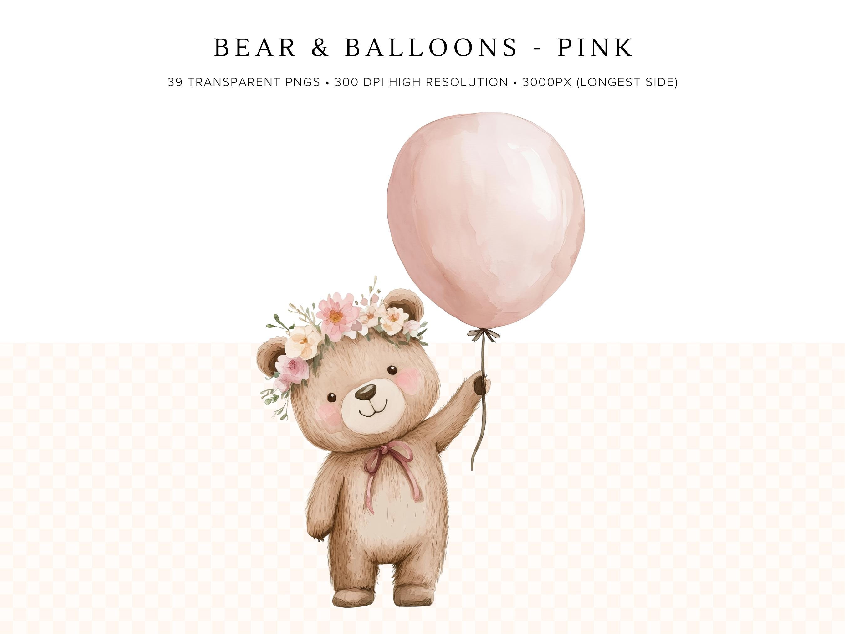 Pink Teddy Bear Clipart | Baby Shower Balloons PNG | Cute Watercolor ...