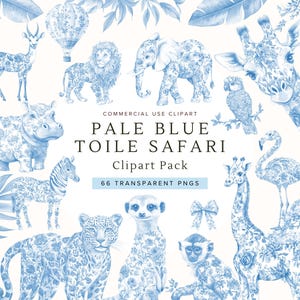 Clipart de safari de toile azul pálido / Baby Shower en acuarela PNG / Animales de la selva estilo chinoiserie / Decoración infantil / Descarga digital / Comercial