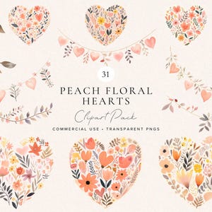 Paquete de imágenes prediseñadas de corazones florales de color melocotón / Corazón de acuarela PNG / Manualidades / Bodas y San Valentín / Scrapbooking / Imprimible / Descarga digital