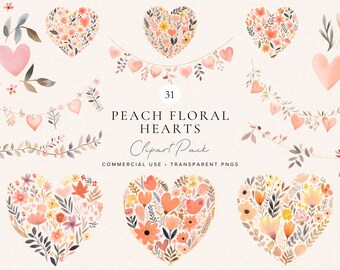 Peach Floral Hearts Clipart Bundle | Watercolor Heart PNG | Crafts | Weddings and Valentines | Scrapbooking | Printable | Digital Download