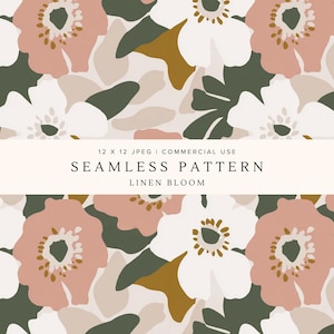 Puede incluir: Patrón sin costuras con elementos florales estilizados en blanco, rosa empolvado, verde oliva y amarillo mostaza. El diseño incluye grandes formas de flores y formas de hojas abstractas. Se muestra el texto "SEAMLESS PATTERN" y "LINEN BLOOM".