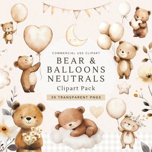 Bear and Balloons Clipart | Cute Watercolor Teddy Bear for Baby Shower | Neutral Boho PNG, Nursery Decor, Instant Download, Invitation Ideas
