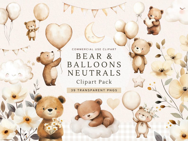Baby Shower Clipart Bear and Balloons | Watercolor Teddy Bear PNG ...