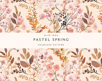 Seamless Spring Wildflowers Watercolor | Pastel Floral Seamless Pattern | Pink Neutral Flower Background, Repeating Pattern | Commercial Use