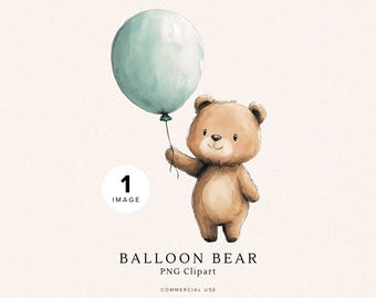Bären-Ballon-Clipart | Süßer Teddybär (PNG) | Teddy mit grün-blauem Ballon | Babyparty-Clipart | Sofort-Download für die Kinderzimmerdekoration