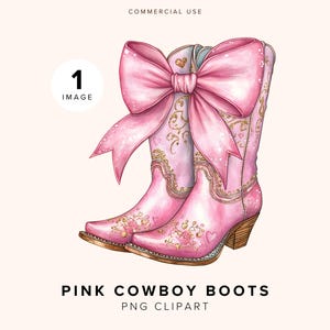 May include: Pink cowboy boots with a large pink bow. The boots have gold floral and heart accents. The image also includes the text "PINK COWBOY BOOTS PNG CLIPART".