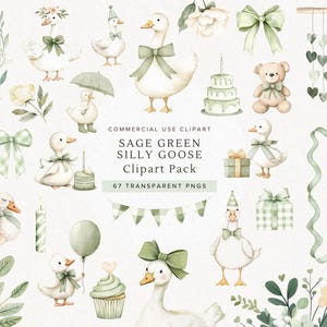 Può includere: Set di clipart ad acquerello con oche stravaganti con fiocchi verde salvia e cappelli da festa, insieme a palloncini, regali ed elementi floreali. Il testo recita "SAGE GREEN SILLY GOOSE Clipart Pack".