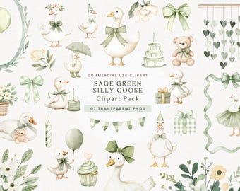 Silly Goose Clipart Bundle | Sage Green Baby Shower Decorations, Birthday Party Graphics | Nursery Animals | 67 PNGs | Commercial Use