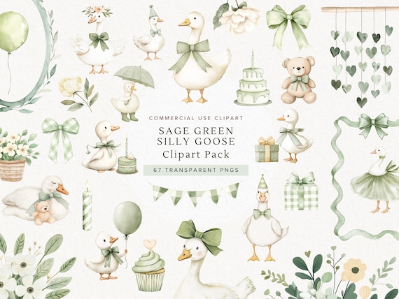 Silly Goose Clipart Bundle | Sage Green Baby Shower Decorations, Birthday Party Graphics | Nursery Animals | 67 PNGs | Commercial Use