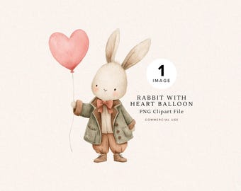 Conejito con globo de corazón rosa PNG Clipart / Ilustración de cuento vintage / Diseño de guardería y San Valentín / Uso comercial