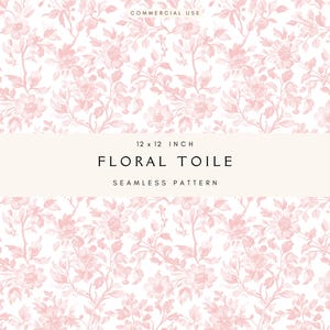 Può includere: Motivo floreale continuo in rosa e bianco. Il design presenta illustrazioni dettagliate di fiori e fogliame. Il testo "FLORAL TOILE" e "SEAMLESS PATTERN" è visualizzato. Il motivo misura 30,48 x 30,48 cm.