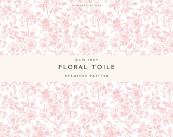 Pink Toile Seamless Digital Paper | Floral Chinoiserie Patterns | Vintage Backgrounds for Scrapbooking & Decor | Repeating  | Commercial Use