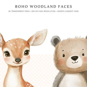 May include: Two watercolor illustrations of woodland animal faces. A brown deer with white spots and a brown bear with a gray snout.