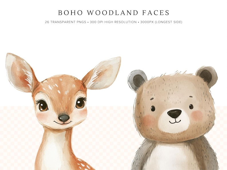 May include: Two watercolor illustrations of woodland animal faces. A brown deer with white spots and a brown bear with a gray snout.