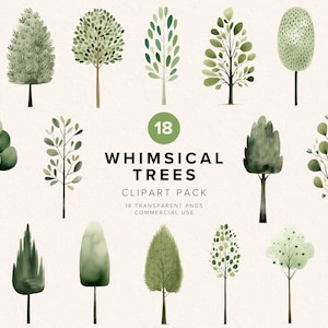 Clipart aquarel bomen | Grillige bomen illustraties | Wenskaart | Schattige dennenbomen | Commercieel gebruik | Groen bos buiten | Png-clipart