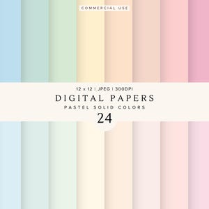 Può includere: Carte digitali a colori pastello. L'immagine mostra 24 fogli di carta in varie tonalità tenui, tra cui blu, verde, giallo, rosa e viola. Il testo "DIGITAL PAPERS PASTEL SOLID COLORS 24" è visualizzato.