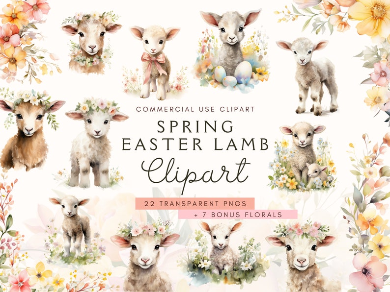 Easter Lamb Clipart Watercolor Spring Florals Vintage Easter Png Cute Lamb Junk Journal Lamb Clip Art Graphics Paper Crafts image 1