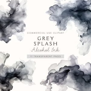 Grijze kleur splash clipart | Alcoholinkt, png | Aquarelplons | Abstracte wassingen | Clipart verfspatten | Illustraties penseelstreken | Zwart