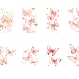 Puede incluir: Un collage digital de mariposas de acuarela rosa y dorado. Las mariposas est&aacute;n dispuestas en diferentes patrones y dise&ntilde;os, algunas se superponen y algunas vuelan en diferentes direcciones. El fondo es blanco.