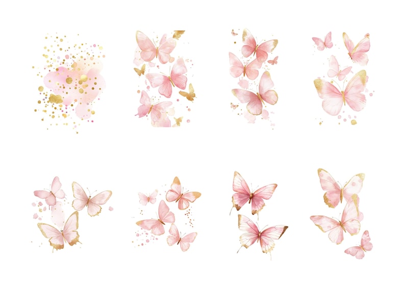 Puede incluir: Un collage digital de mariposas de acuarela rosa y dorado. Las mariposas est&aacute;n dispuestas en diferentes patrones y dise&ntilde;os, algunas se superponen y algunas vuelan en diferentes direcciones. El fondo es blanco.
