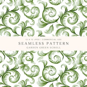 Può includere: Un motivo senza cuciture con volute in stile acquerello verde su sfondo bianco. Una fascia orizzontale al centro contiene il testo: 12 X 12 JPEG | COMMERCIAL USE SEAMLESS PATTERN GARDEN GREEN SCROLL. Il design ripete i motivi a foglia.