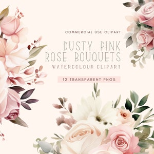 Dusty Rose Floral Clipart | Watercolor Flowers | Invite Wedding | Roses Clip Art | Mother's Day Card Invitation | Blush Pink Bouquets