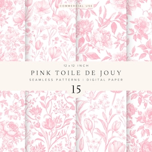 Può includere: Una collezione di 15 carte digitali senza cuciture con un design floreale rosa Toile de Jouy. Ogni carta presenta un motivo diverso di fiori e fogliame in rosa su sfondo bianco. Le carte misurano 30,48 cm x 30,48 cm.