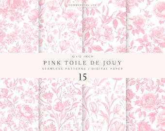 Motivo Toile de Jouy rosa senza soluzione di continuità / Carta digitale floreale francese vintage / Sfondi per scrapbooking in stile Chinoiserie / Motivi ripetuti / JPEG