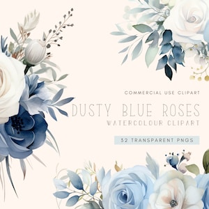 Dusty Blue Roses Clipart | Premade | Light Blue Flower Bouquet | Boho Flower | Watercolor Clip Art For Commercial Use | Wedding | Wreath