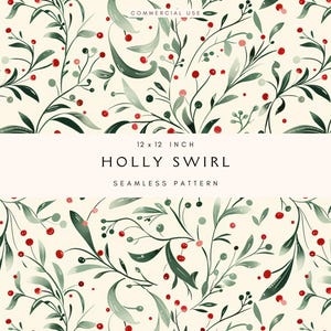 Modèle sans couture de houx | Petite conception de Noël | Baies d'hiver vintage | Motif répétitif | Papier numérique de fond | Impression sur tissu