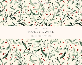 Holly Seamless Pattern | Ditsy Christmas Design | Vintage Winter Berries | Repeating Pattern | Background Digital Paper | Fabric Print