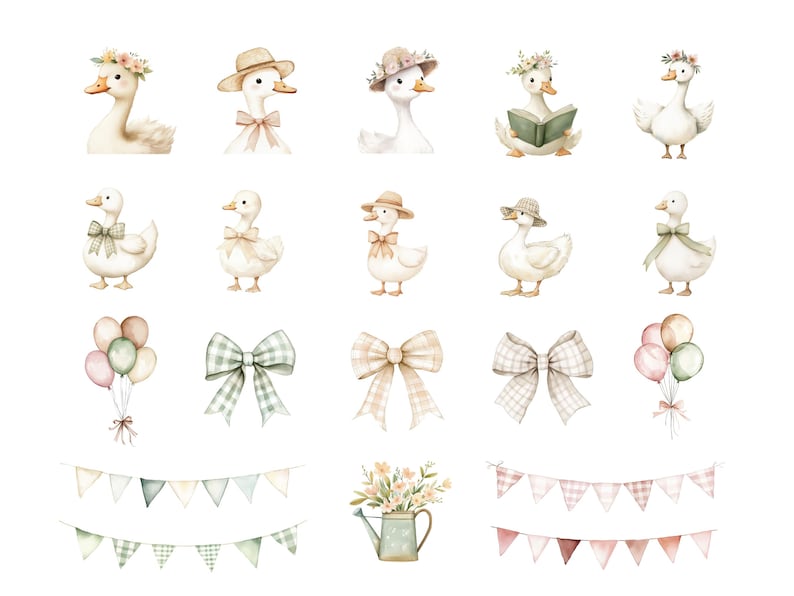 K&ouml;nnte beinhalten: Aquarellillustrationen von bezaubernden G&auml;nsen mit H&uuml;ten und Schleifen, zusammen mit dekorativen Schleifen, Luftballons und Wimpelketten. Die G&auml;nse sind mit Blumenkr&auml;nzen geschm&uuml;ckt und lesen B&uuml;cher. Zarte Pastellfarben erzeugen eine skurrile, Vintage-&Auml;sthetik.