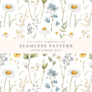 May include: Seamless pattern featuring watercolor illustrations of wildflowers, including daisies, blue forget-me-nots, and other delicate blooms. The design is set against a white background, with the text "SEAMLESS PATTERN WILDFLOWERS NO.5".