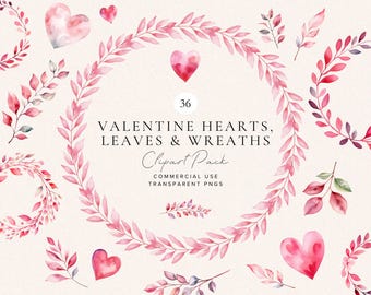 May include: A set of 36 watercolour Valentine's Day clipart graphics. The set includes hearts, leaves, and wreaths in shades of pink and red. The graphics are perfect for creating invitations, cards, and other Valentine's Day projects.