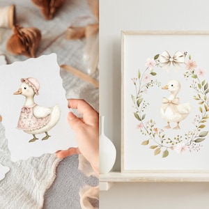 K&ouml;nnte beinhalten: Aquarellillustration eines Entchens mit H&auml;ubchen und Sch&uuml;rze, und ein gerahmter Druck eines Entchens mit Schleife, umgeben von einem Blumenkranz. Das Kunstwerk hat eine weiche, pastellfarbene Farbpalette, ideal f&uuml;r die Kinderzimmerdekoration.