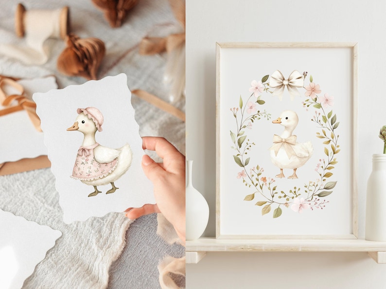 K&ouml;nnte beinhalten: Aquarellillustration eines Entchens mit H&auml;ubchen und Sch&uuml;rze, und ein gerahmter Druck eines Entchens mit Schleife, umgeben von einem Blumenkranz. Das Kunstwerk hat eine weiche, pastellfarbene Farbpalette, ideal f&uuml;r die Kinderzimmerdekoration.