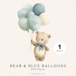 Clipart di orsetto con palloncini blu / PNG di orsetto acquerello / Decorazione per baby shower / Download digitale / Arte carina per la cameretta dei bambini / Uso commerciale
