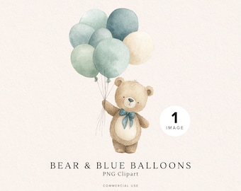 Bear with Blue Balloons Clipart | Watercolor Teddy Bear PNG | Baby Shower Decor | Digital Download | Cute Nursery Art | Commercial Use