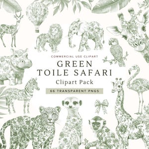 Clipart de animales de safari verde / Tema de jungla PNG, Decoración de guardería, Invitación para baby shower, Diseño chinoiserie para niños, Descarga digital