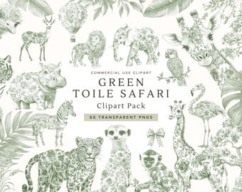 Baby Shower Clipart Toile Safari Animals | Green Jungle PNG | Chinoiserie Nursery Decor | Kids Invitation | Digital Download