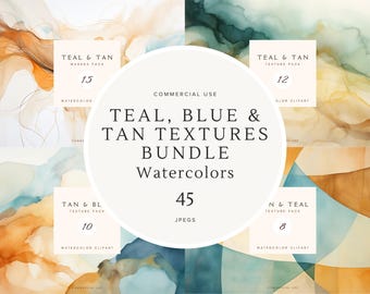 Watercolor Texture Clipart BUNDLE | Tan Teal Blue | Splash Png | Clipart Digital Papers Pack | Abstract Backgrounds | Wedding Clip Art