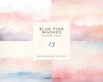 May include: A digital download of 13 watercolor backgrounds featuring blue and pink mountain ranges with a soft, hazy effect. The text "BLUE PINK WASHES TEXTURE PACK 13 BACKGROUND CLIPART COMMERCIAL USE" is displayed on the image.