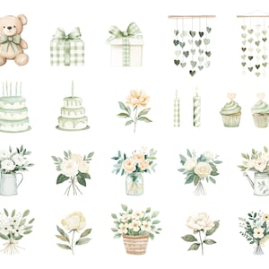Puede incluir: Ilustraciones en acuarela de varios art&iacute;culos de fiesta y regalo. Incluye un oso de peluche, regalos envueltos, guirnaldas de corazones, pasteles de varios pisos, cupcakes, velas y arreglos florales en tonos suaves de verde, blanco y amarillo.
